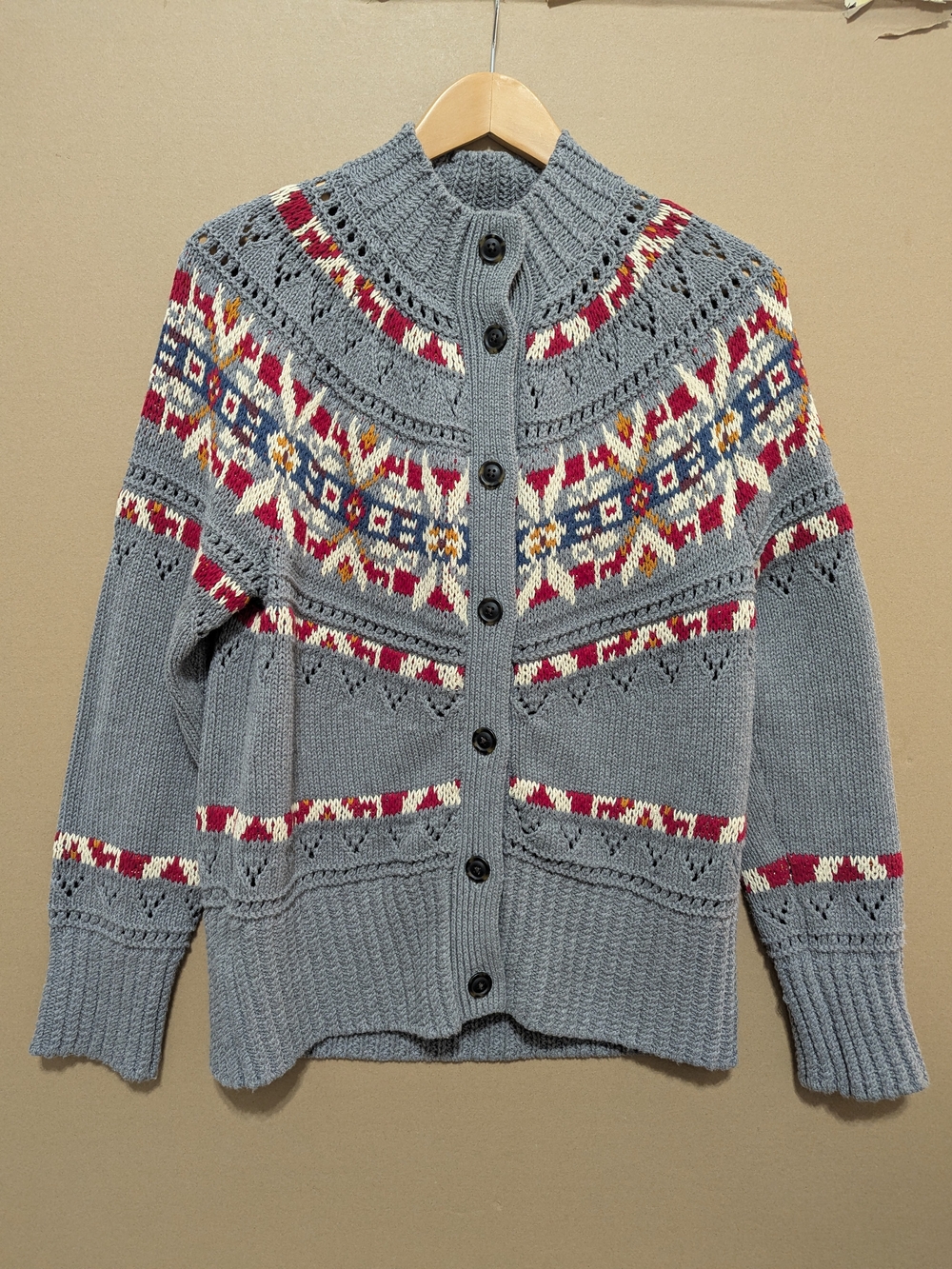 L.L. Bean Signature Nordic Fair Isle Cardigan Chunky Medium Grey Red Cabin